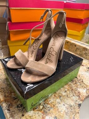 Sam Edelman Taupe Suede Ankle-Strap Block Heel Sandals